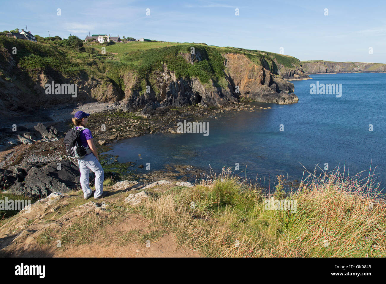 A lone female hiker on the Pembrokeshire Coast Path in South West Wales. Stock Photo