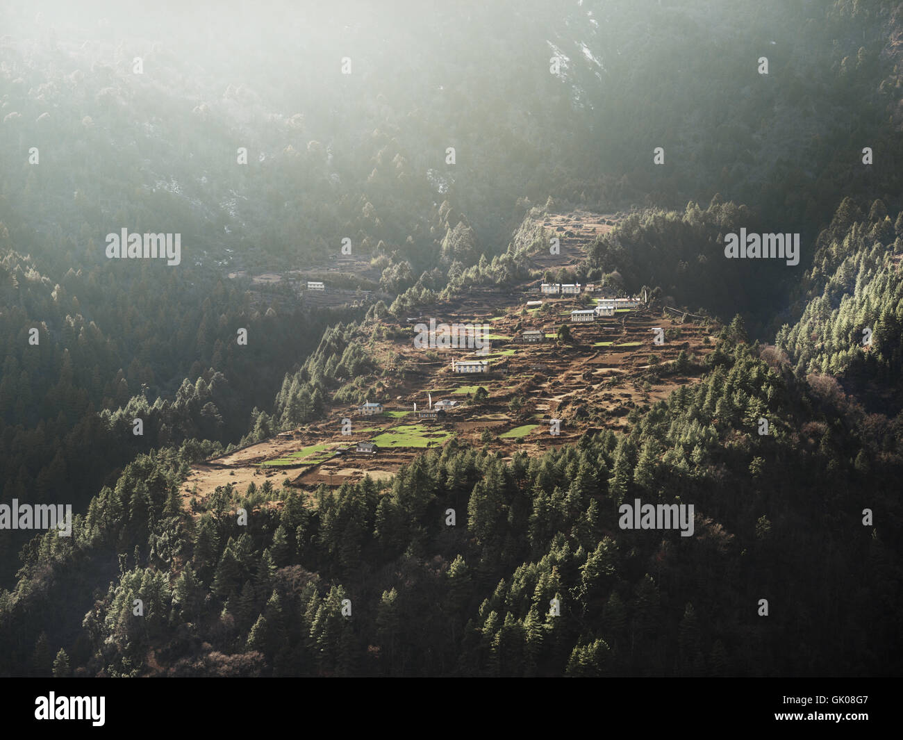 A mountain village near Lukla, Nepal in the Himalaya Mountain range as part of Everest Base Camp. Stock Photo