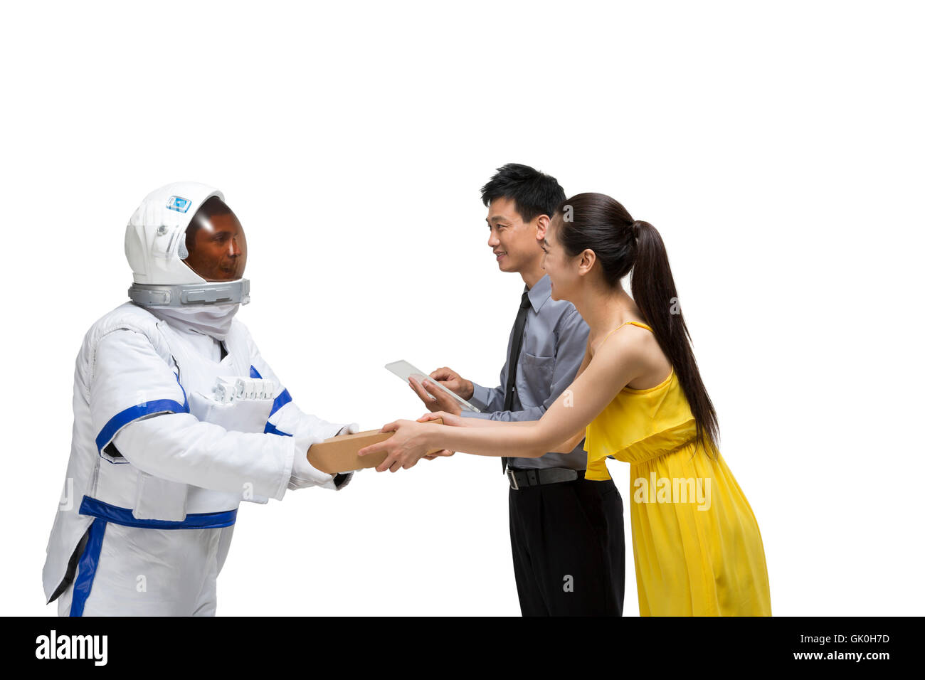 Studio shot astronaut express delivery Stock Photo