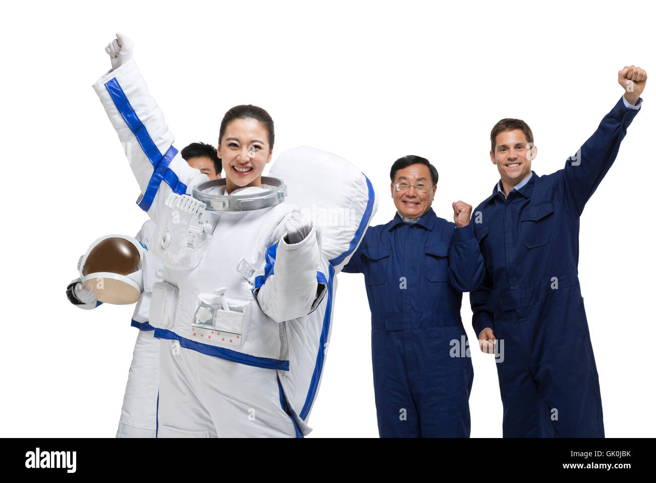 Studio shot astronauts and engineers Stock Photo