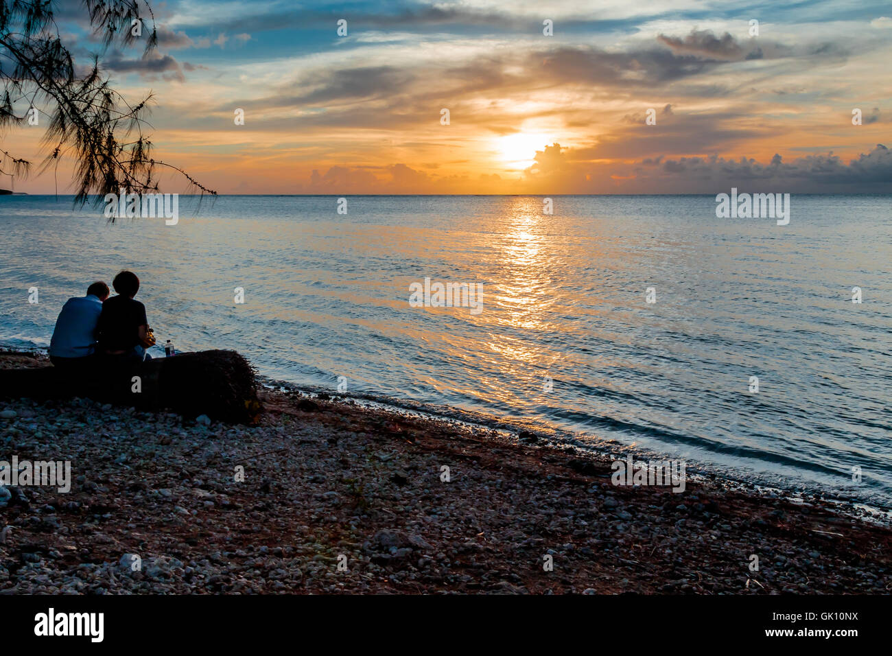 A couple in silhoutte sitting on a log under a tree enjoying the tropical sunset on the beach. Stock Photo