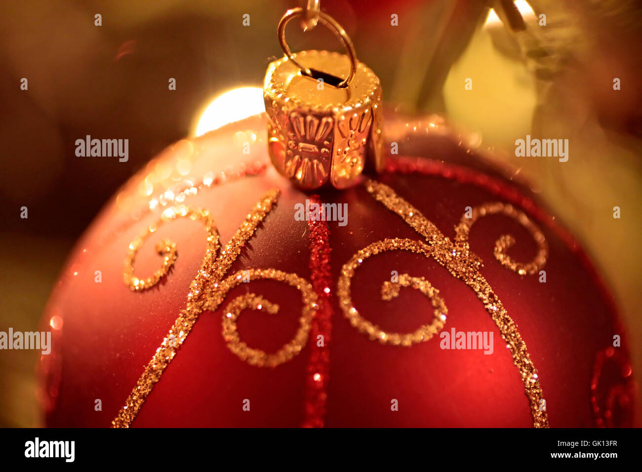 red christmas ball on christmas tree Stock Photo