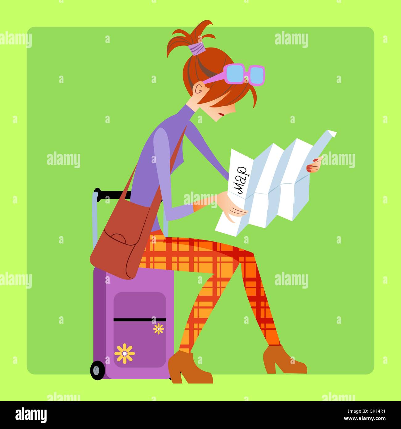 Tourist sitting on the suitcase and looks map Stock Vector
