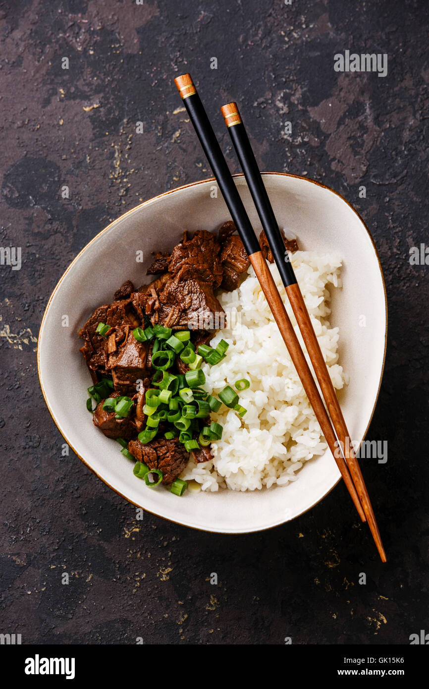 Slow cooked Beef with Rice and green onions in bowl Stock Photo