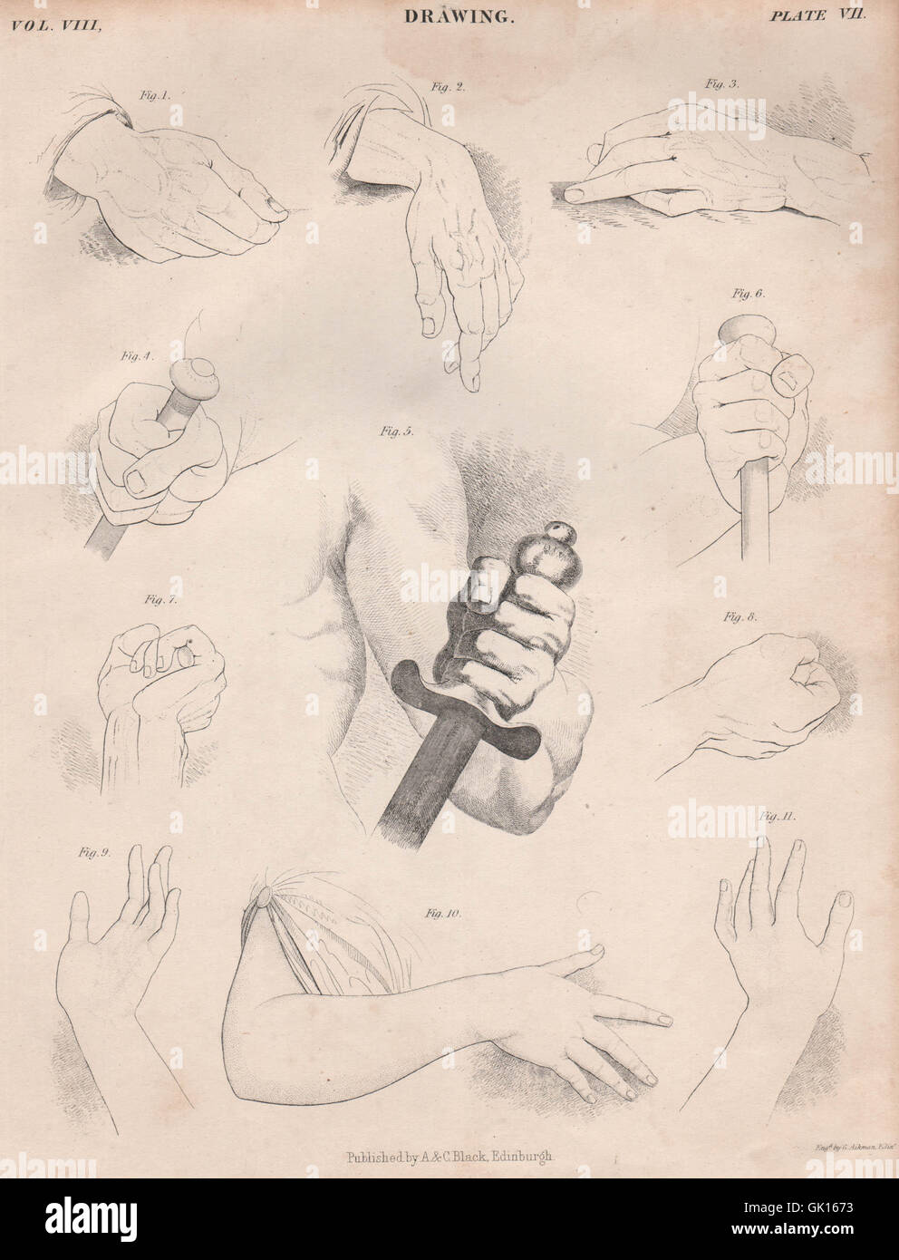 Figurative drawing. Hands. BRITANNICA, antique print 1860 Stock Photo