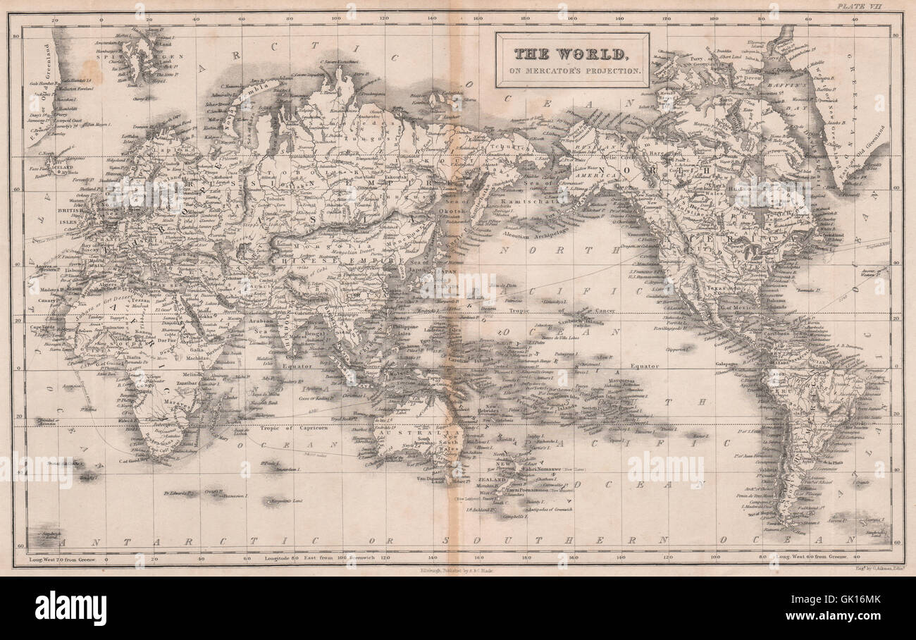 The World, on Mercator's projection. Unusually centred on Asia, 1860 old map Stock Photo