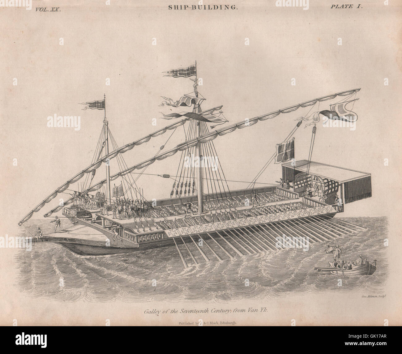Ship-Building. Galley of the seventeenth century, from Van Eyck. BRITANNICA 1860 Stock Photo