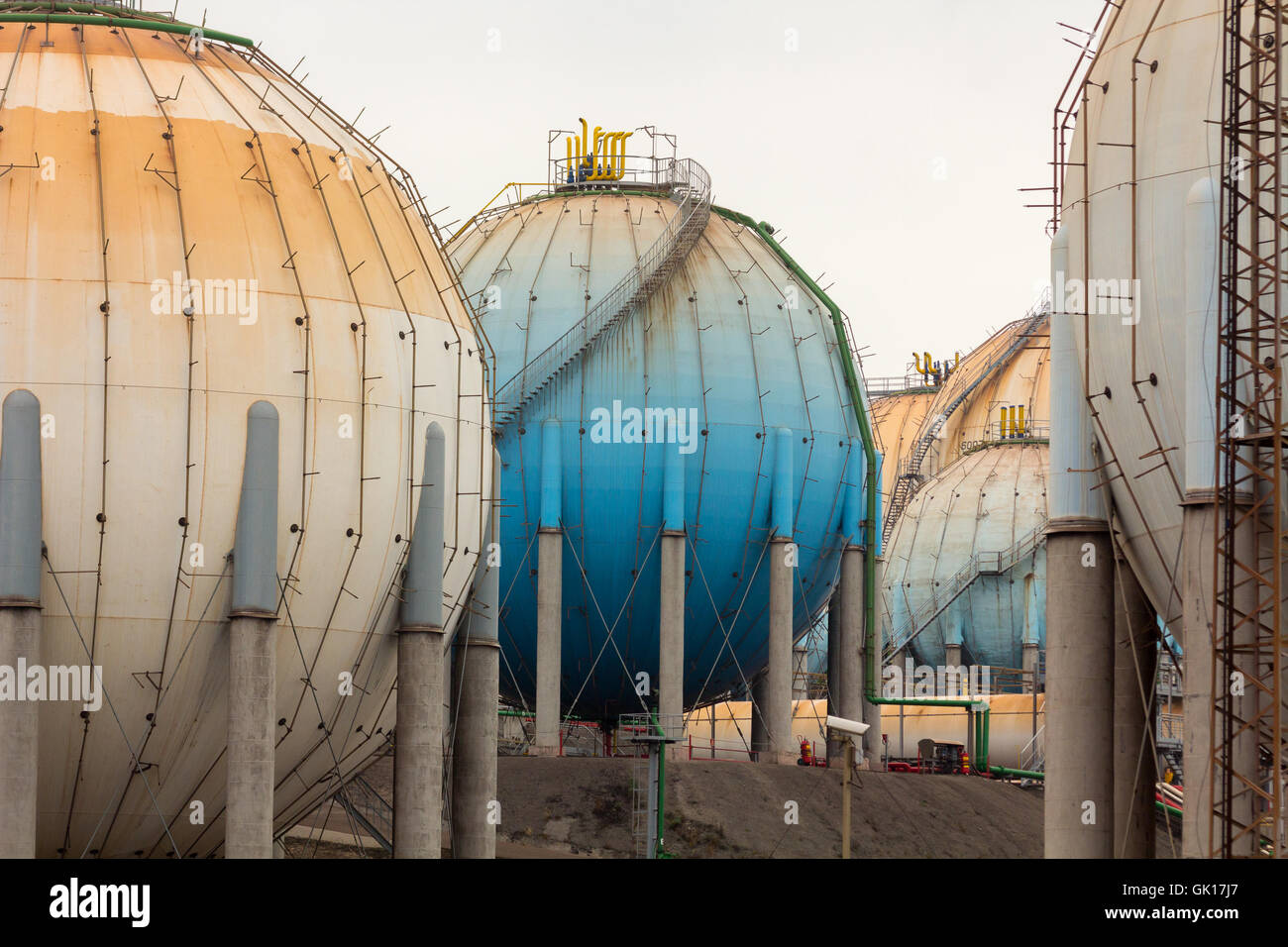 Details of old gas tanks of spherical form Stock Photo