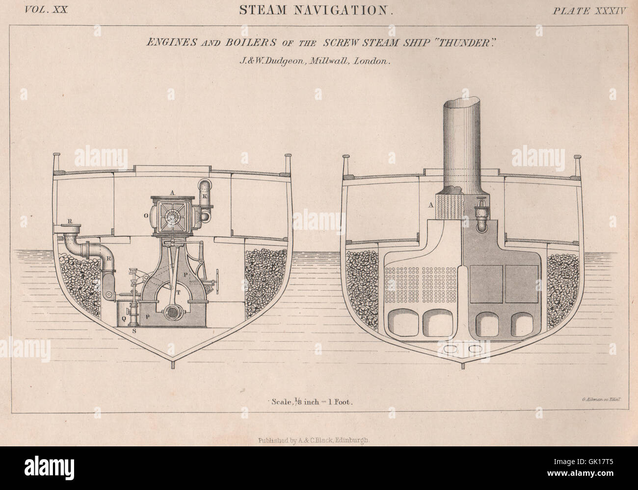 ENGINEERING DRAWING. Engines & Boilers of the Screw Steam Ship 'Thunder' 2, 1860 Stock Photo