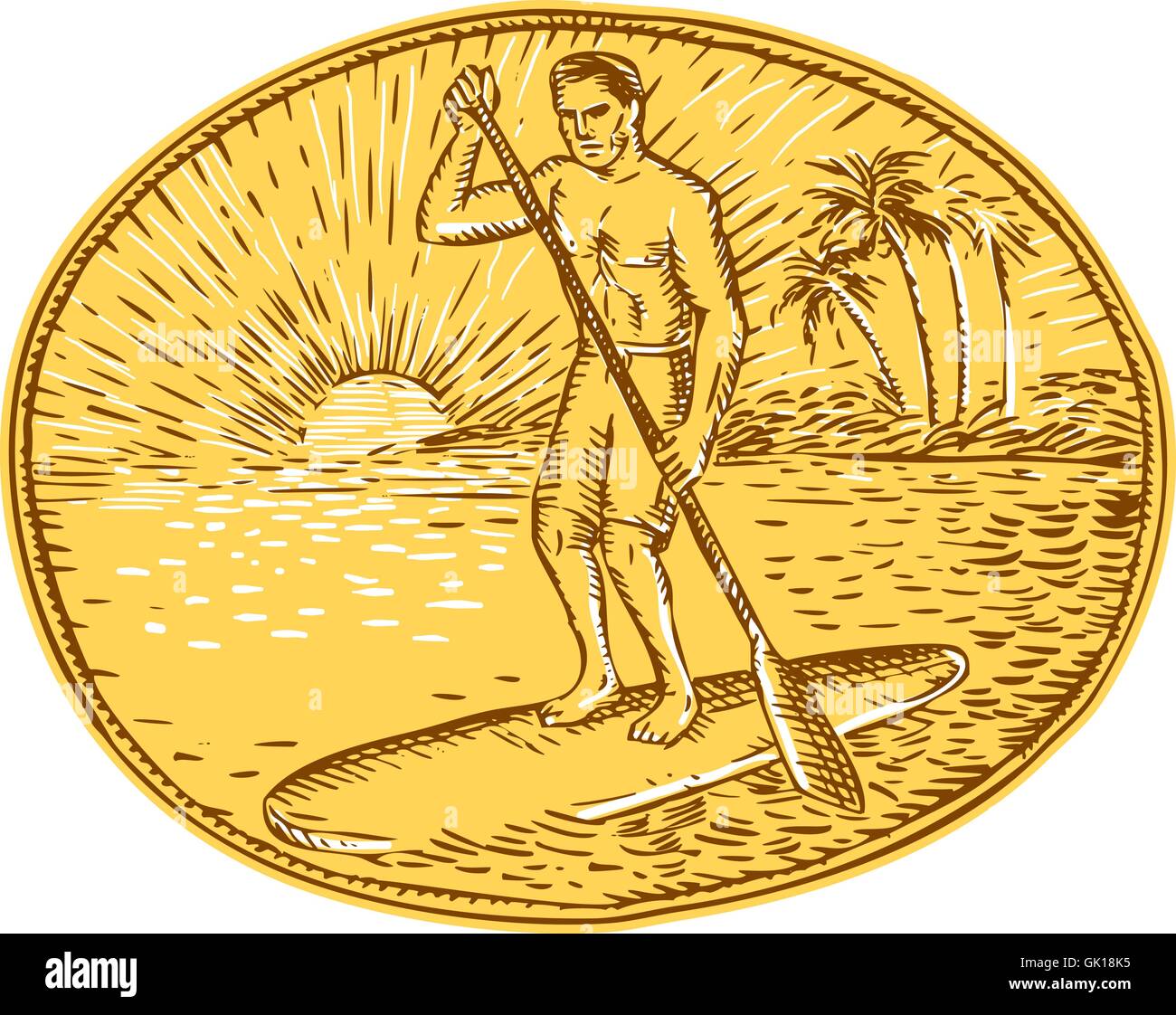 Stand Up Paddle Boarding Surfing Etching Stock Vector