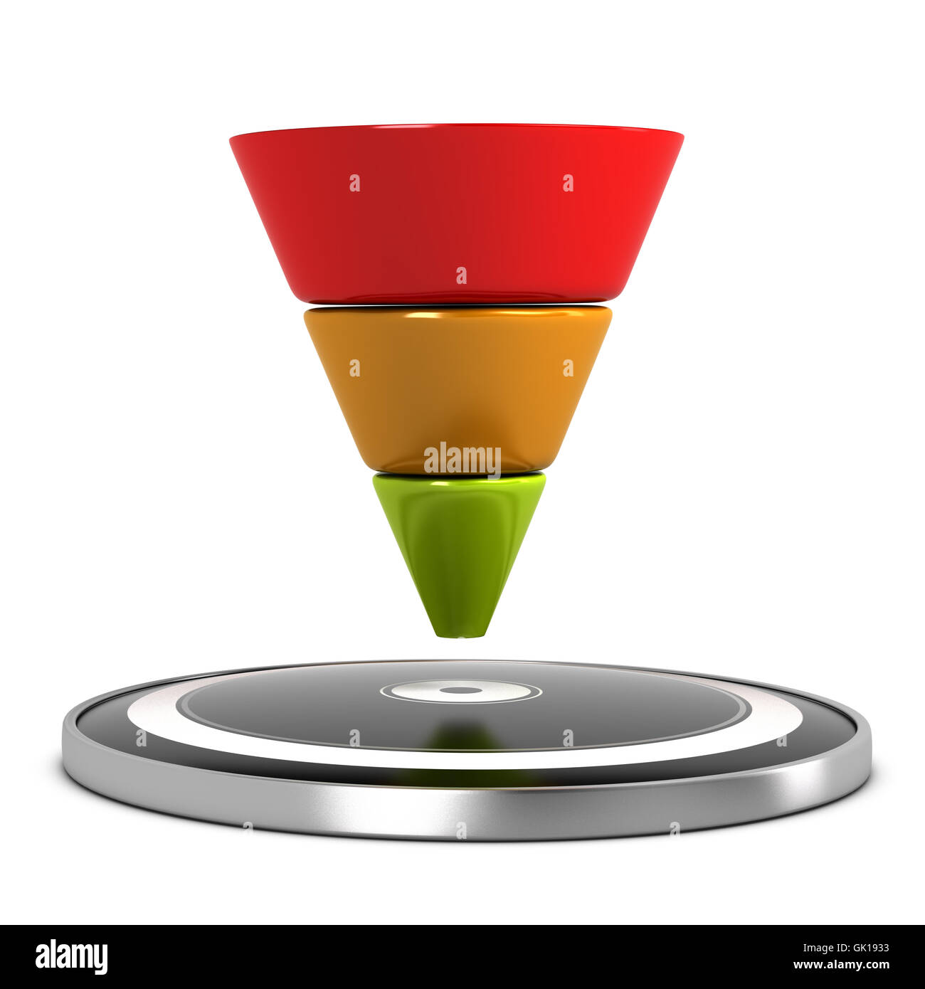 Graphical representation of a conversion funnel and target over white background. 3D illustration Stock Photo