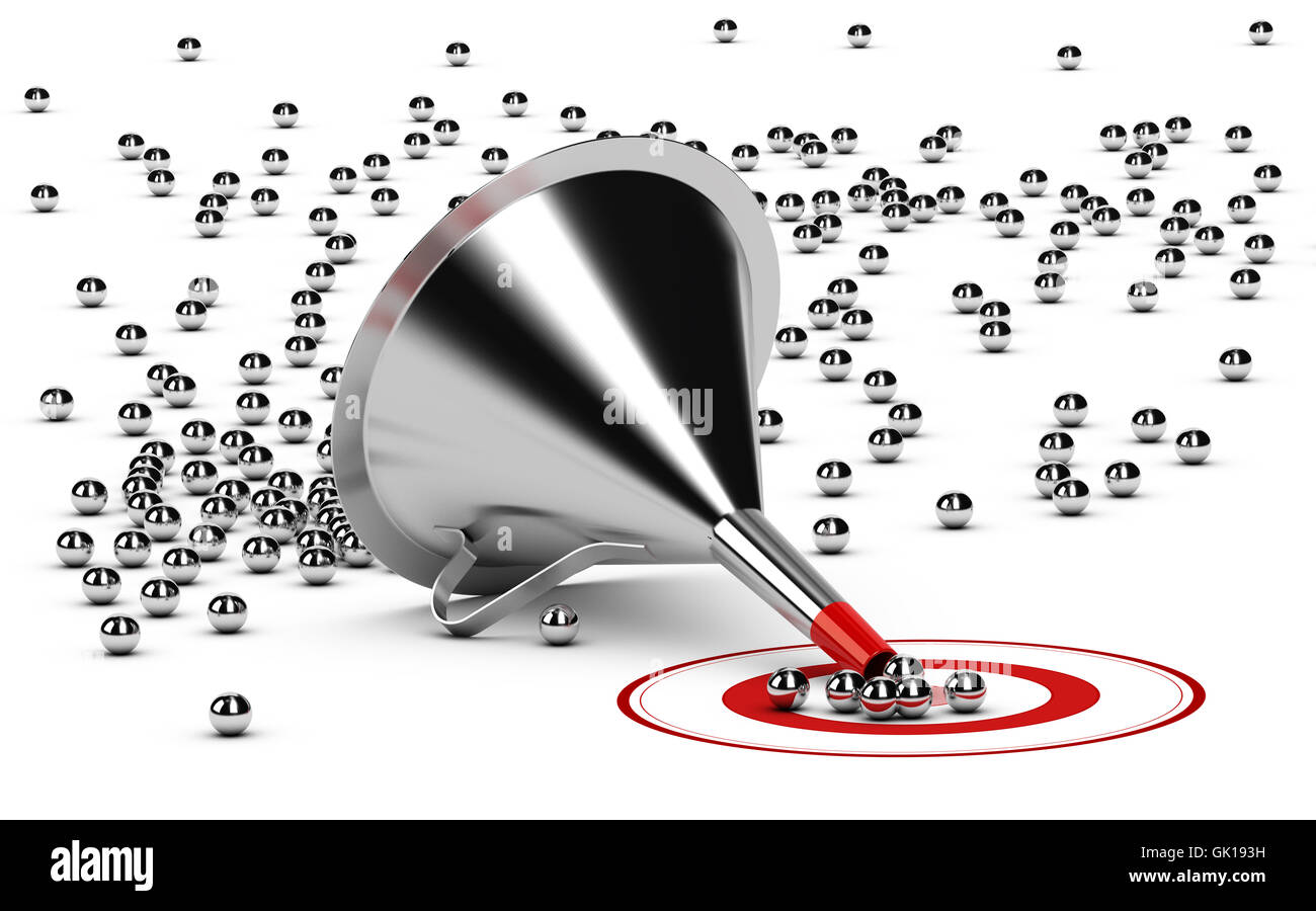 3D illustration of a sales funnel over white background with metal spheres in the center of a red target. Stock Photo