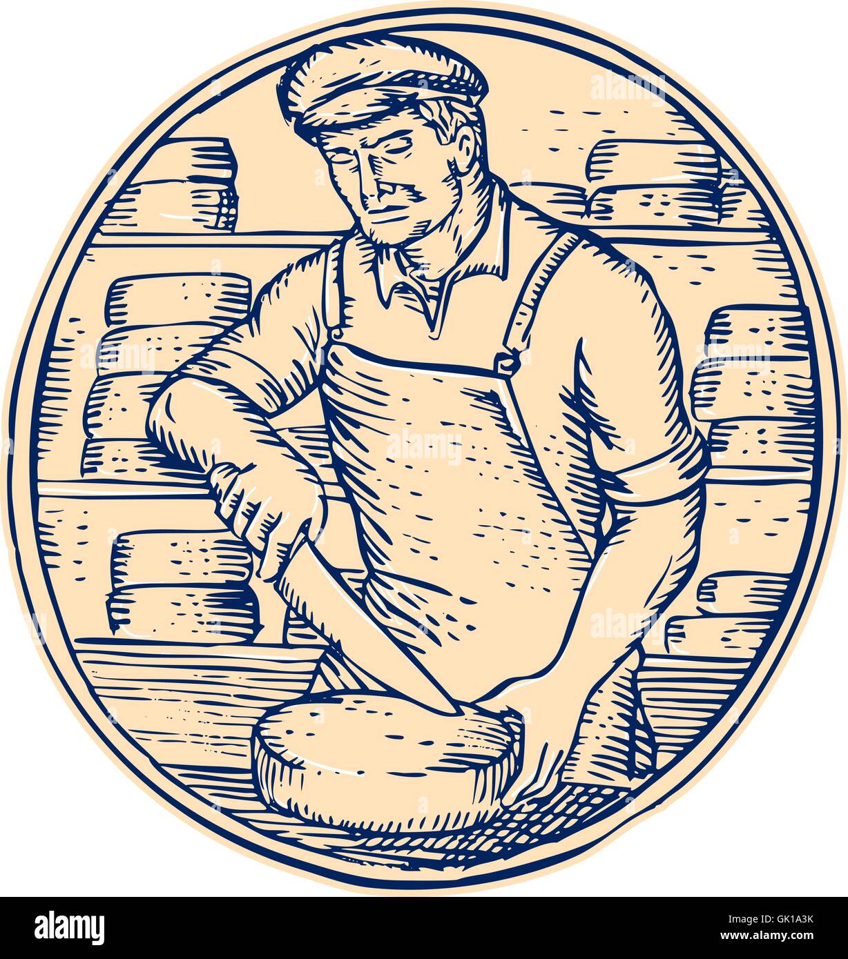 Cheesemaker Cutting Cheddar Cheese Etching Stock Vector Image & Art Alamy