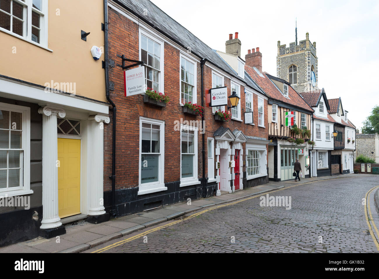 Cobbled Princes Street, Norwich, Norfolk, UK. A prestigious location. Stock Photo