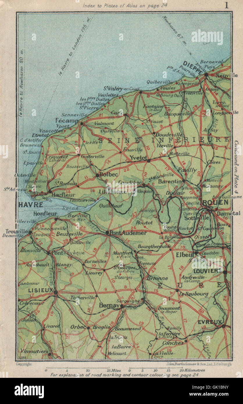 HAUTE-NORMANDIE. Seine-Maritime Eure. Rouen Dieppe Le Havre. Vintage map 1930 Stock Photo