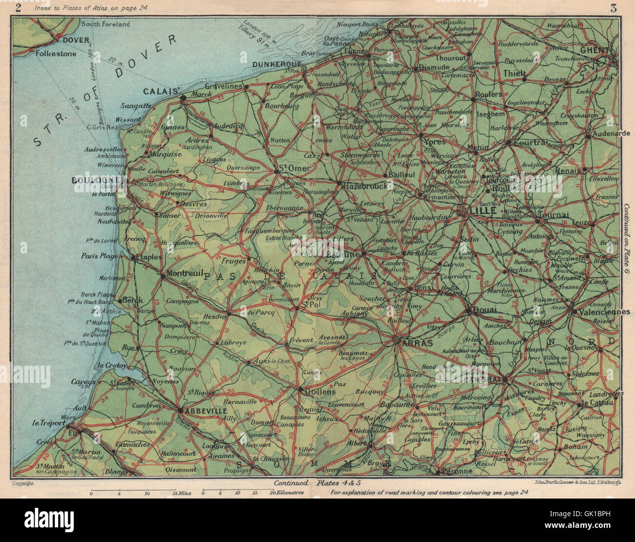 NORD-PAS-DE-CALAIS. Boulogne Lille Arras Ghent Dunkerque. Vintage map, 1930 Stock Photo