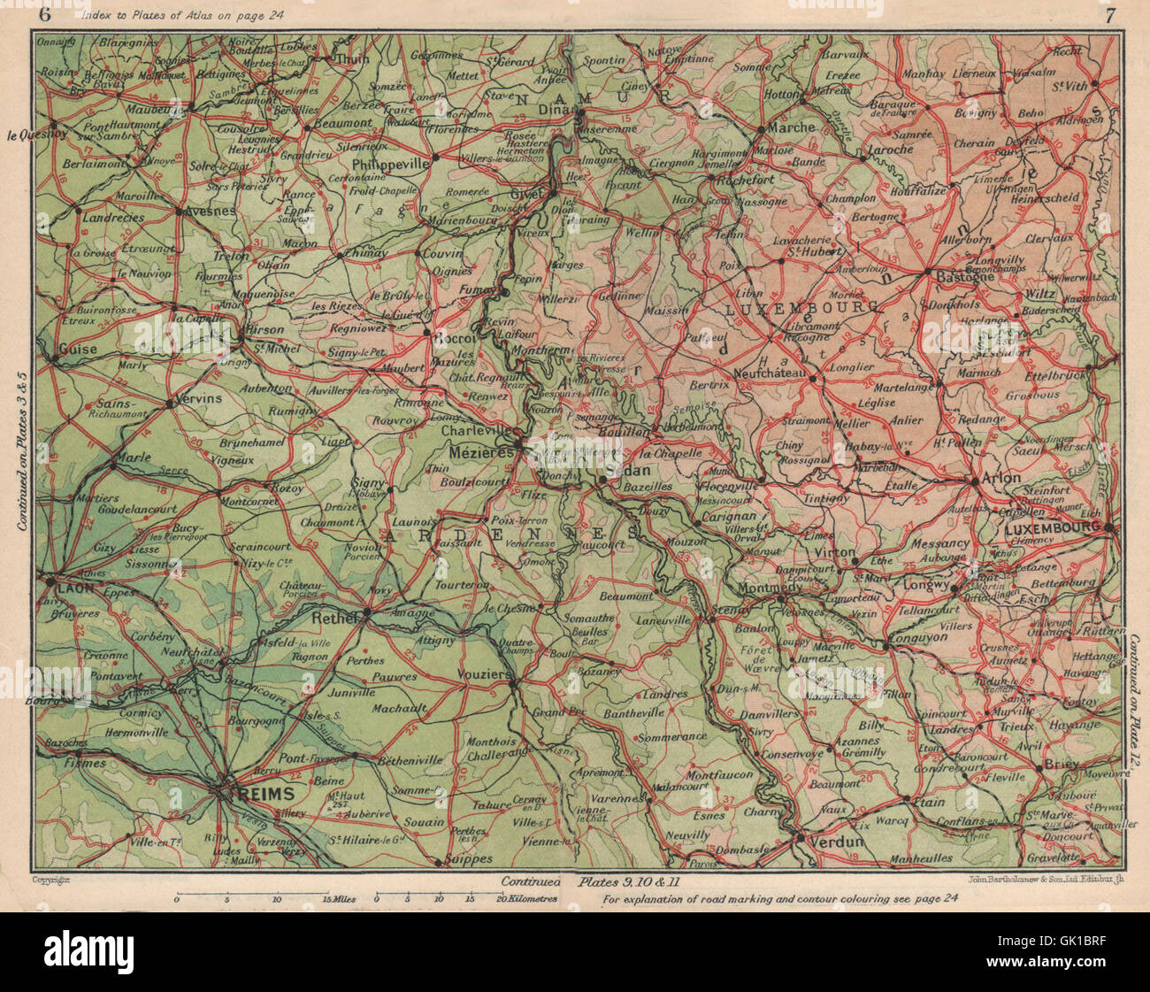 ARDENNES Marne Luxembourg Laon Namur Verdun Sedan Charleville-Mézières, 1930 map Stock Photo