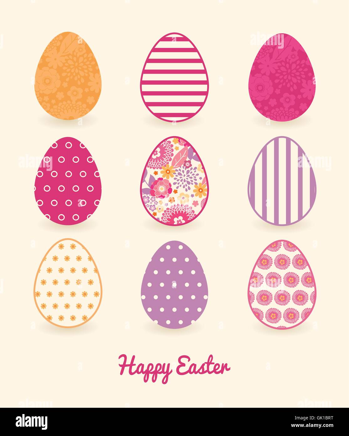 Vector Warm Summer Plants Set of Nine Colorful Easter Eggs Card Stock Vector