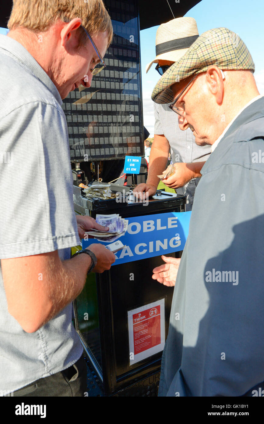 Senior citizen wins at the races. An elderly man collects his winnings from the book maker at track side. A good day's work. Stock Photo
