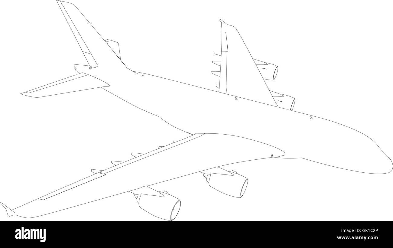 Wire-frame airplane. Top view. Vector Illustration rendering of 3d