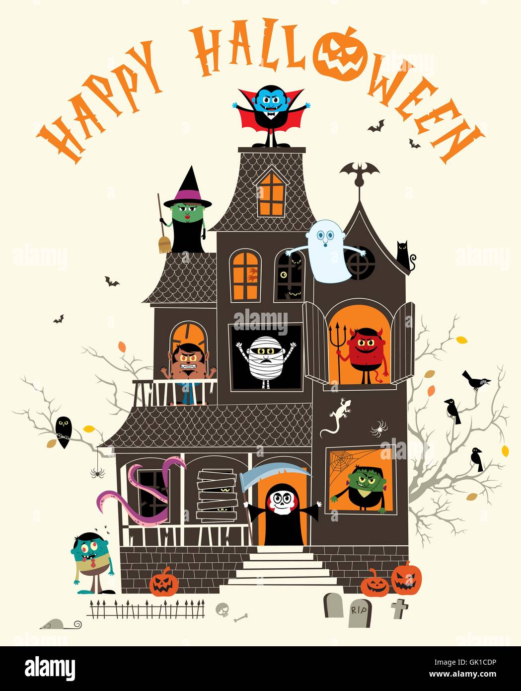 Halloween illustration with spooky haunted house full of monsters. Stock Vector