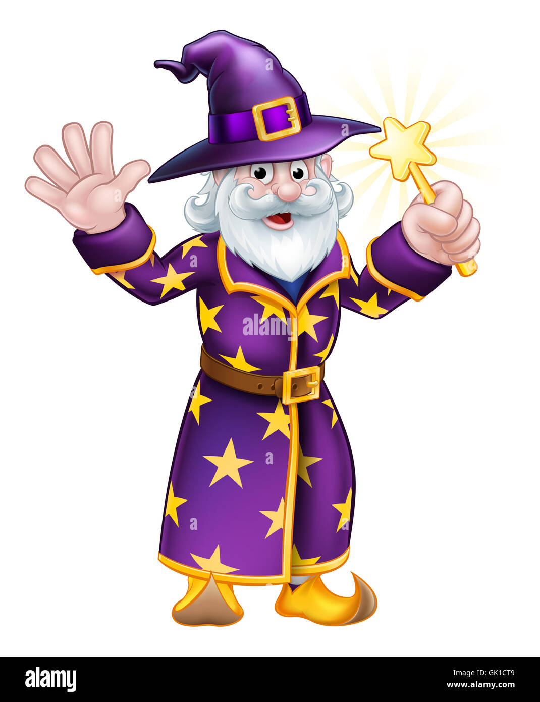A cartoon Halloween wizard character waving a magic wand Stock Photo