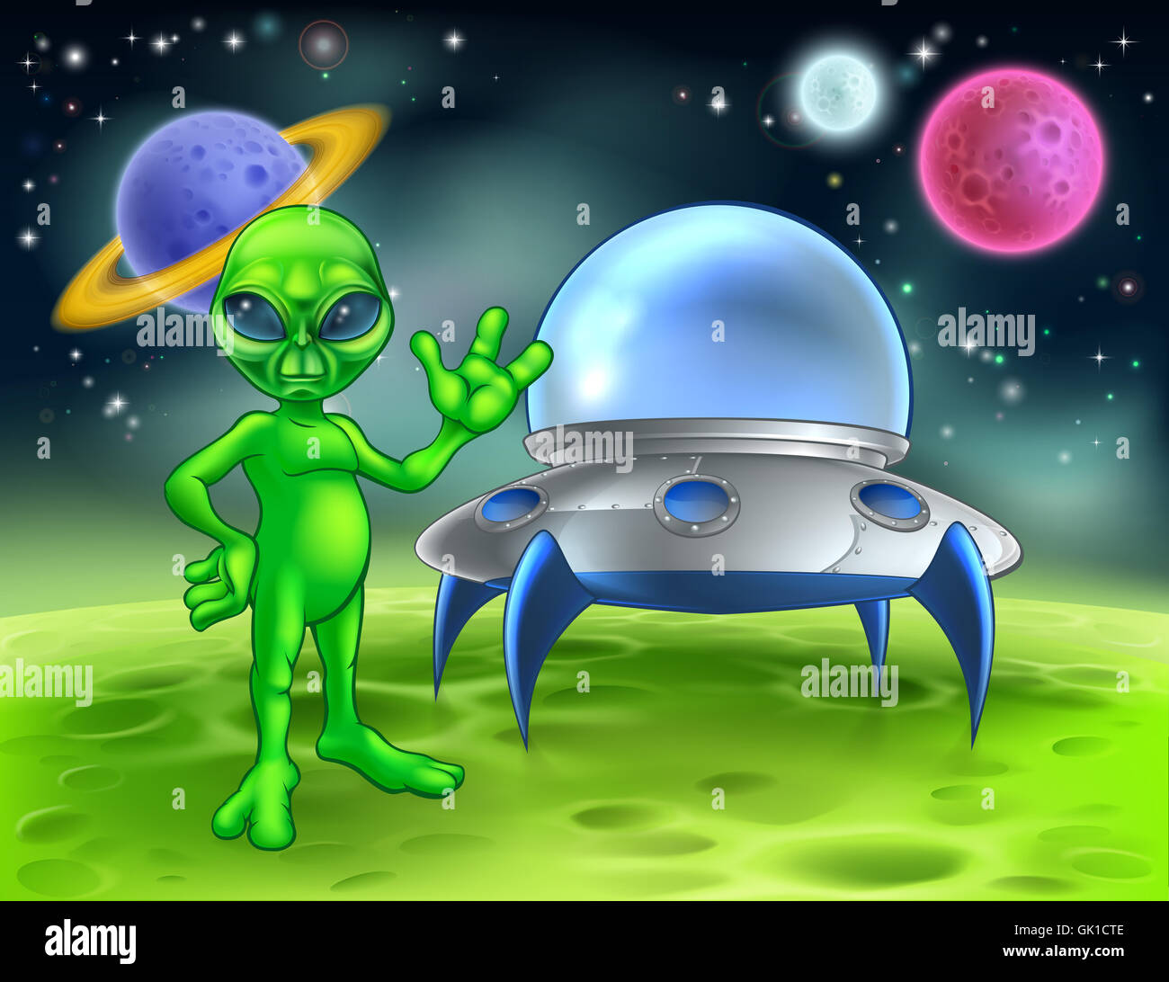 A little green man alien cartoon character waving in front of his flying saucer space ship on a planet or moon Stock Photo