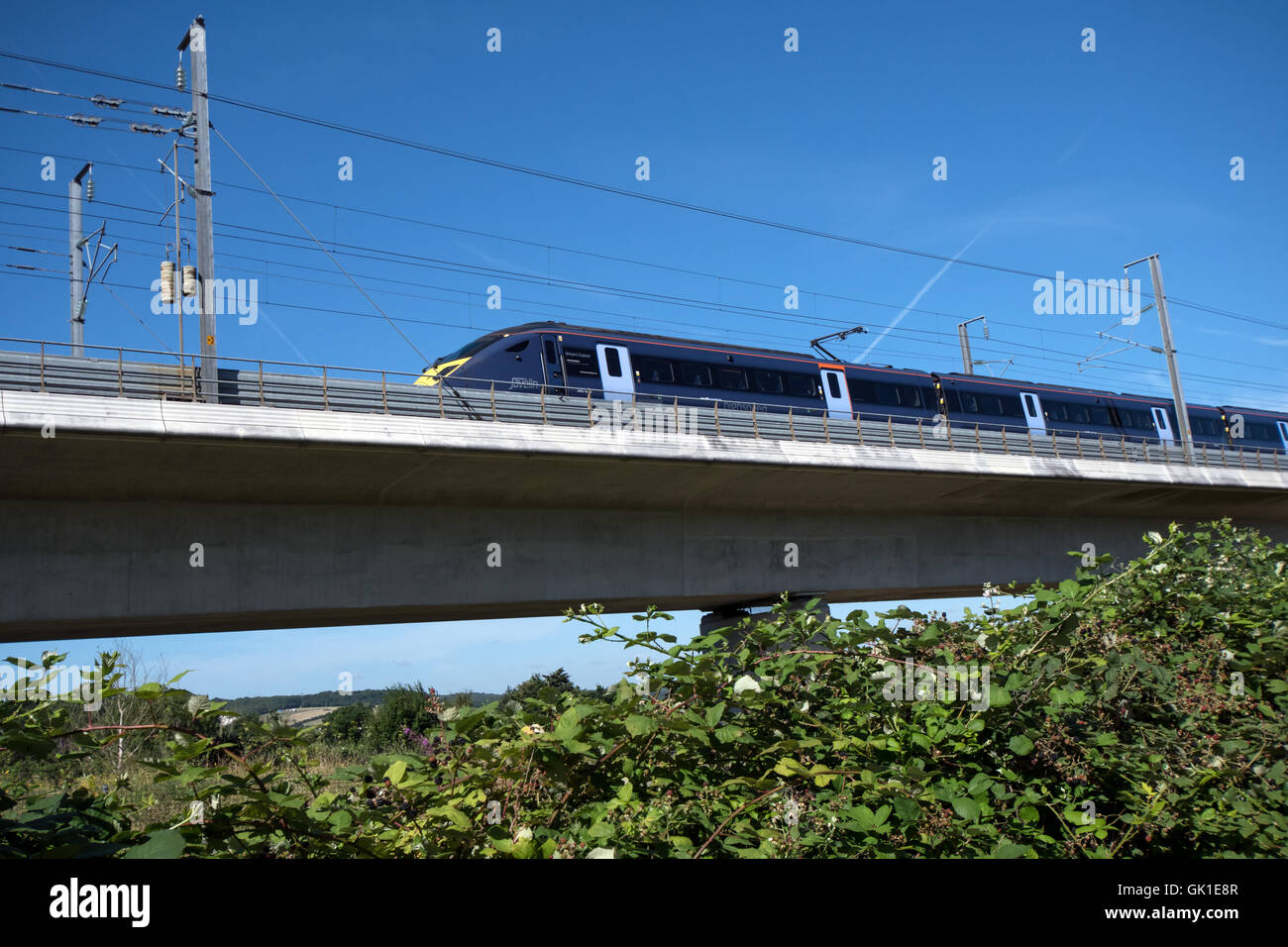Javelin high speed train traveling towards the coast as it crosses the