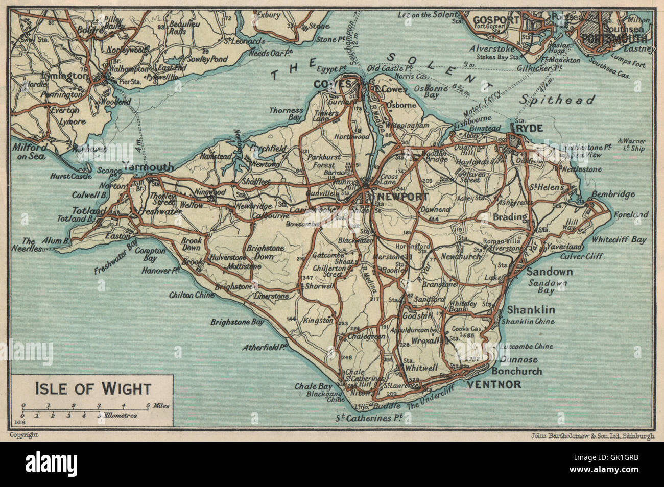 ISLE OF WIGHT vintage map. Shows (now disused) railways. Ferry routes, 1939 Stock Photo