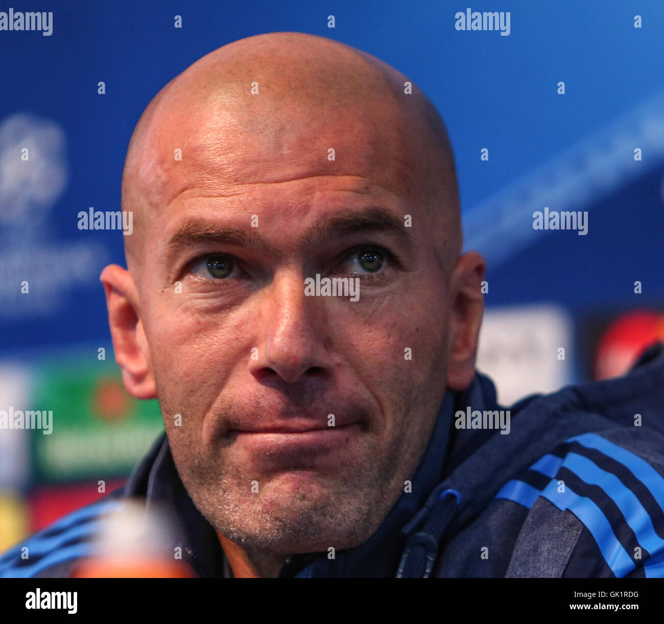 Real Madrid C.F. manager Zinedine Zidane attends a press conference at the Etihad Stadium ahead of the Champions League semi-final against Manchester City F.C.  Featuring: Zinedine Zidane Where: Manchester, United Kingdom When: 25 Apr 2016 Stock Photo