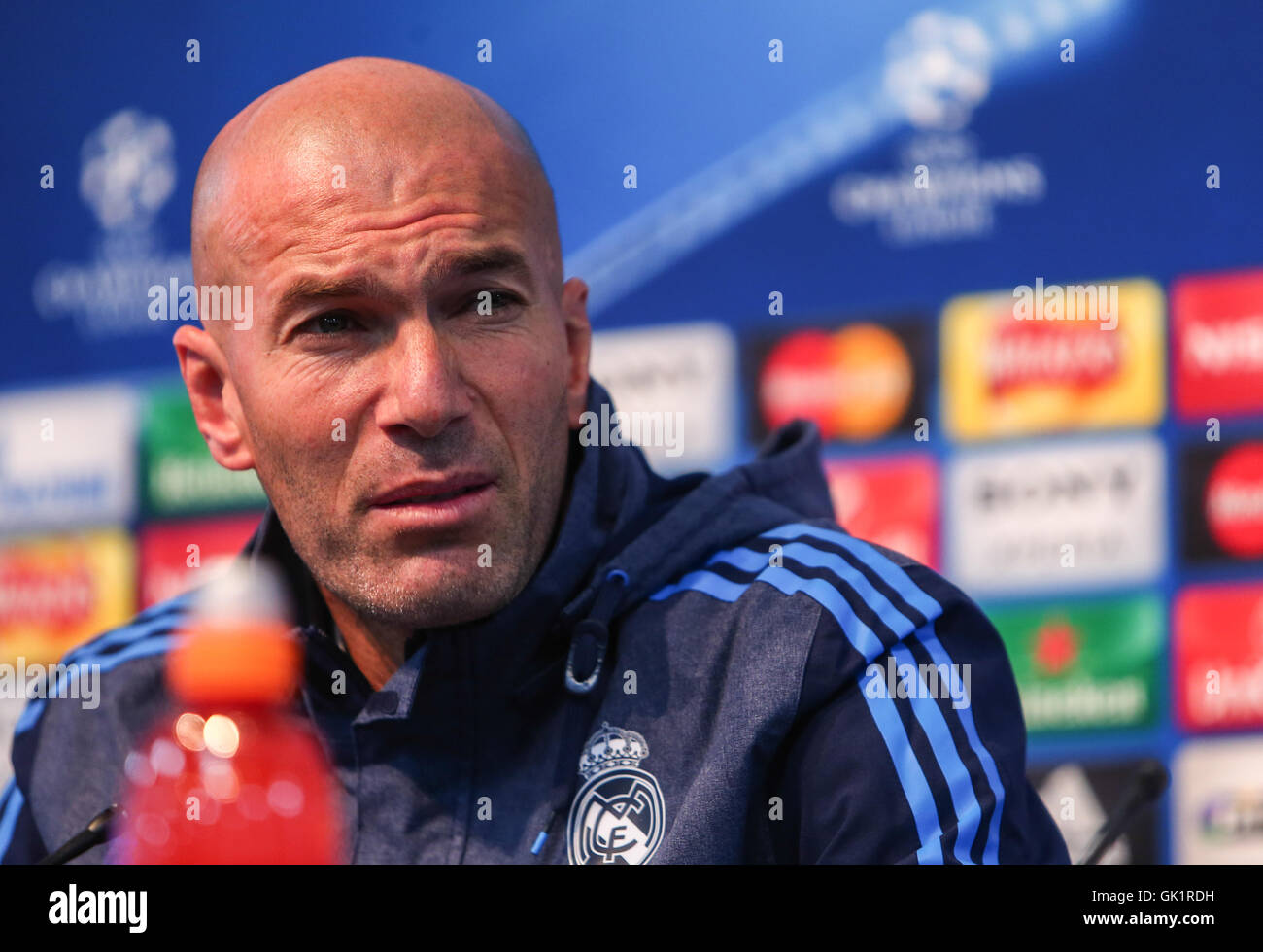 Real Madrid C.F. manager Zinedine Zidane attends a press conference at the Etihad Stadium ahead of the Champions League semi-final against Manchester City F.C.  Featuring: Zinedine Zidane Where: Manchester, United Kingdom When: 25 Apr 2016 Stock Photo
