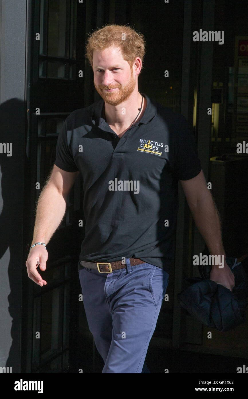 Prince Henry of Wales, Prince Harry leaving the Radio 2 studios after appearing on the Chris Evans Breakfast Show  Featuring: Prince Henry of Wales, Prince Harry Where: London, United Kingdom When: 27 Apr 2016 Stock Photo