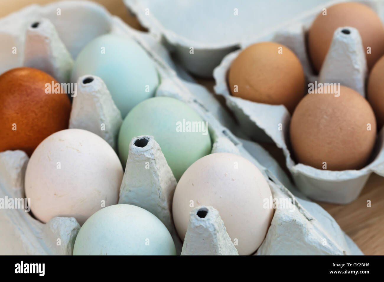 Bio egg still life, including also coloful araucana chicken eggs on the left side and small guineafowl eggs on the right. Stock Photo