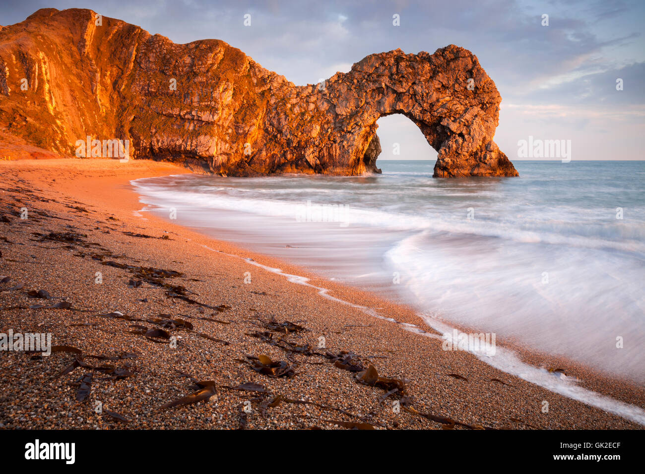 Durdle Door bathed in late evening light. Stock Photo