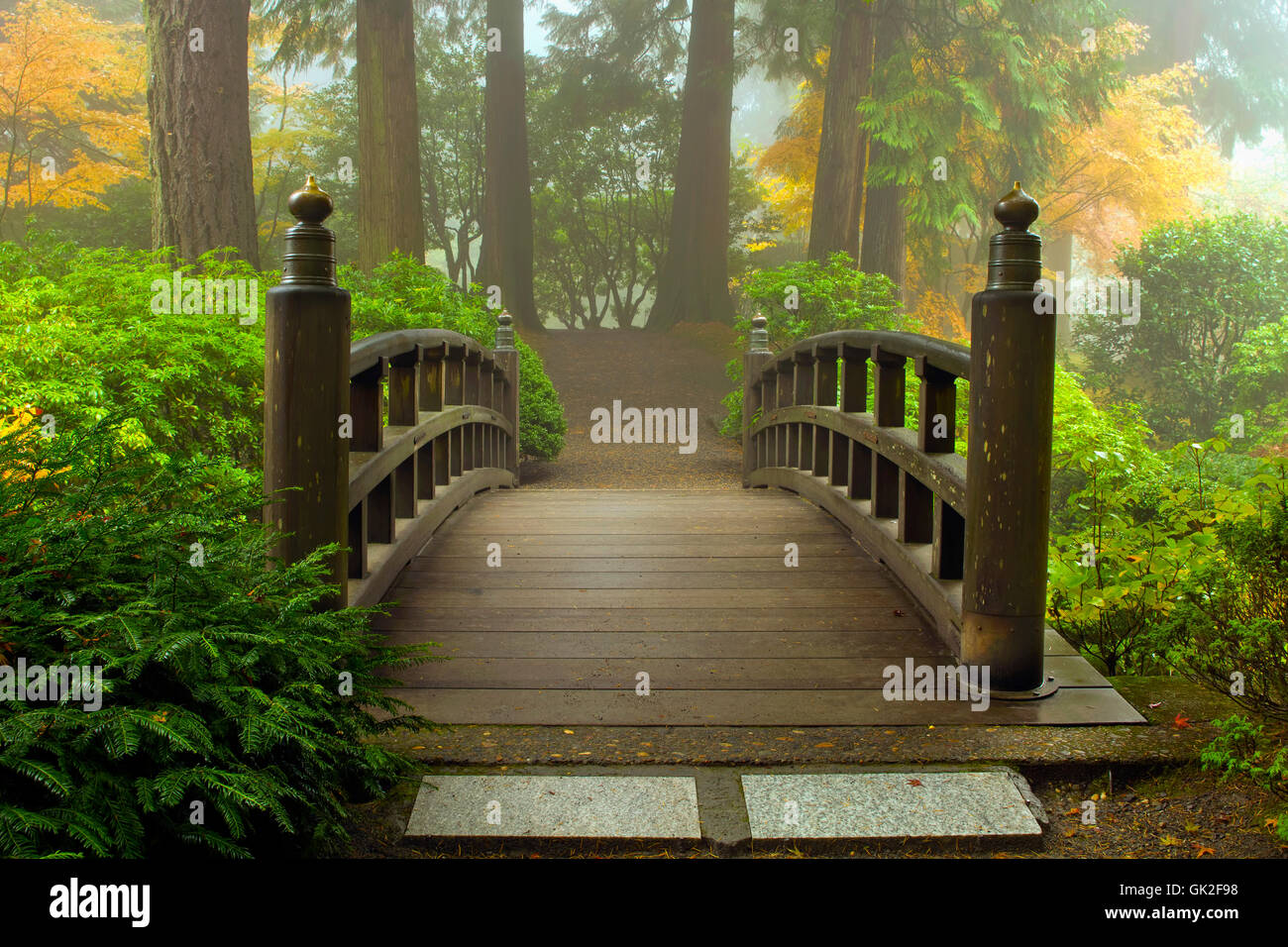 garden bridge fog Stock Photo