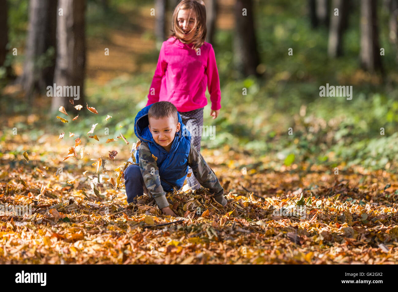 Children playing with autumn fallen leaves in park Stock Photo - Alamy