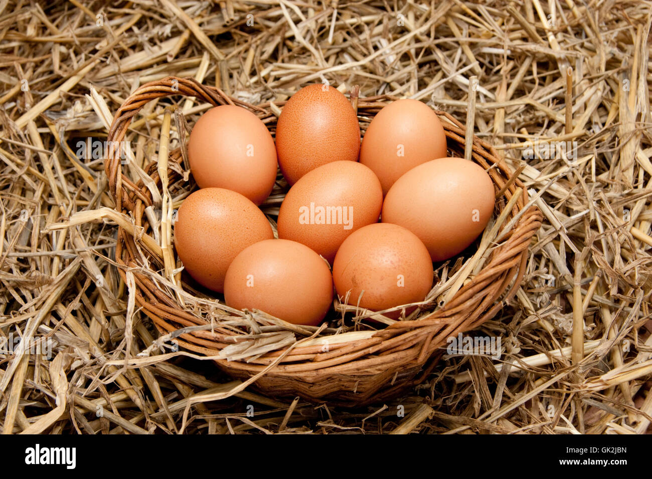 chicken eggs in basket Stock Photo