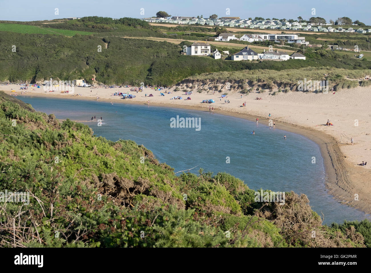 Crantock Beach and the River Gannel seen from East Pentire in Newquay, Cornwall. Stock Photo