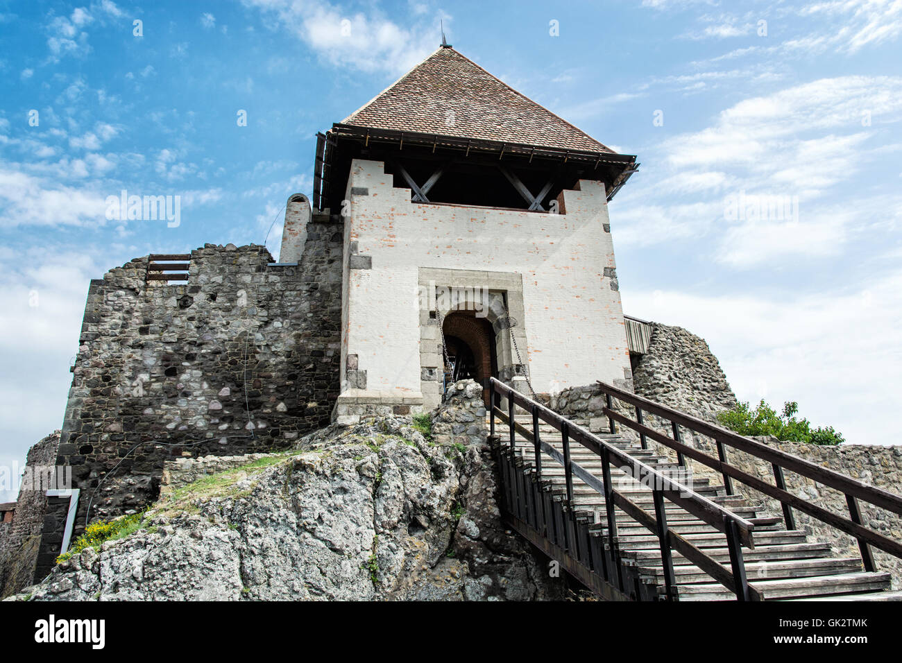 Ruin castle of Visegrad, Hungary. Ancient architecture with stairs. Travel destination. Cultural heritage. Stock Photo