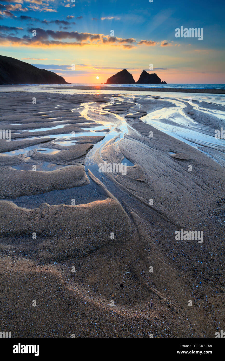 The beach at Holywell Bay on the north coast Cornwall, captured shortly before sunset. Stock Photo