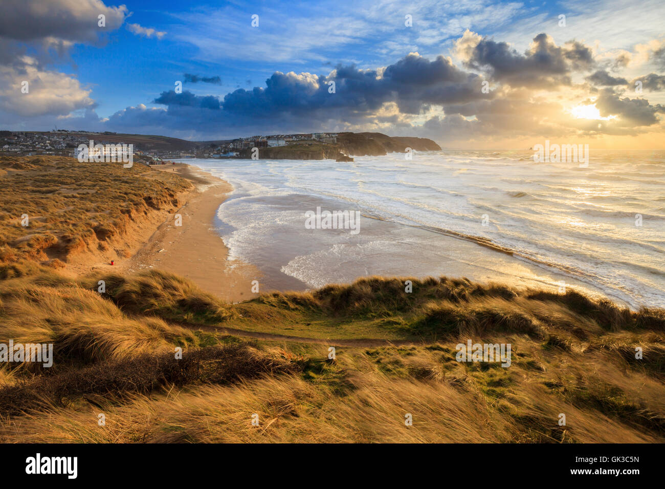 Perranporth Beach captured shortly before sunset. Stock Photo