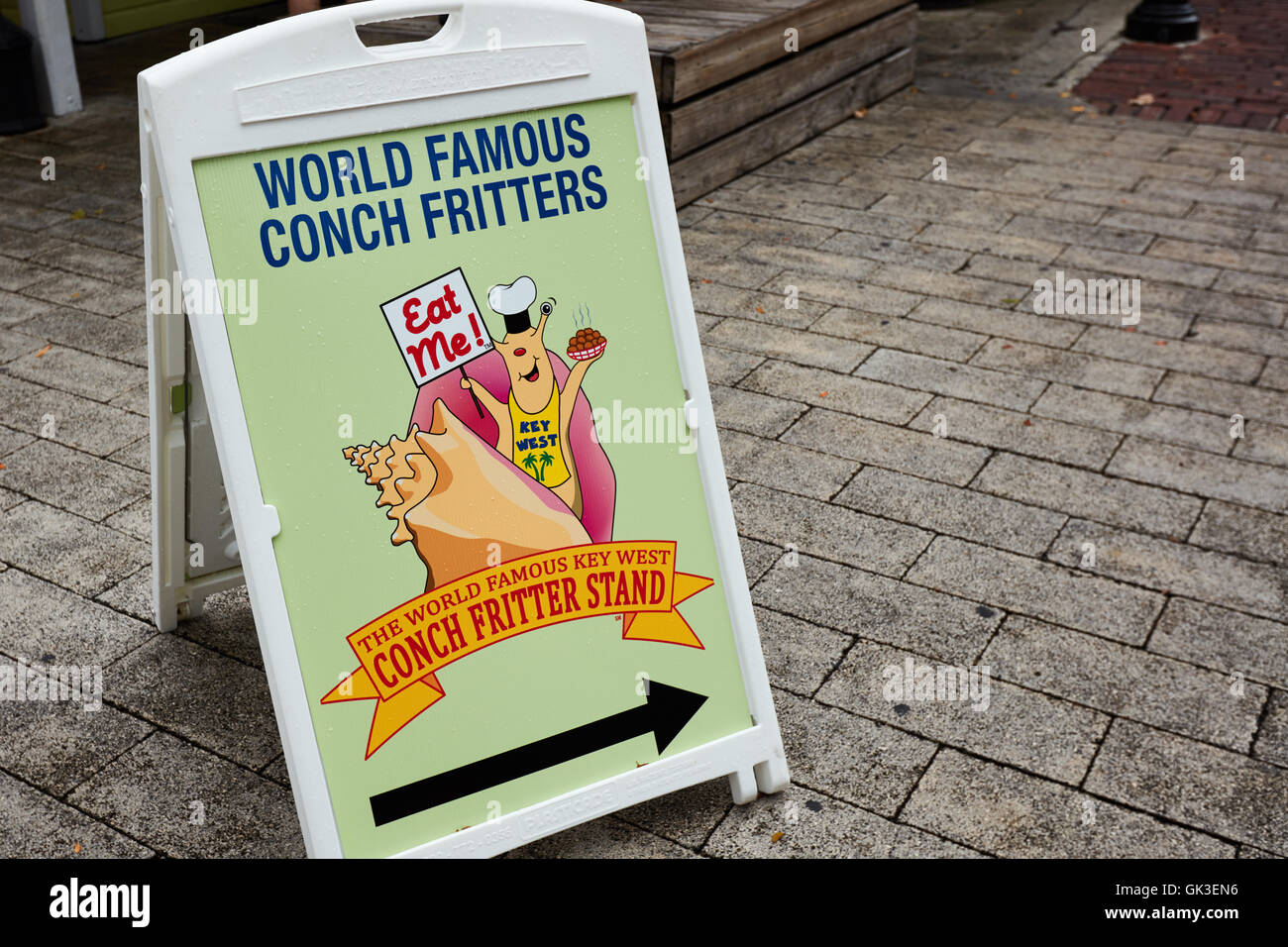 Sign advertising world famous conch fritters in Key West Stock Photo