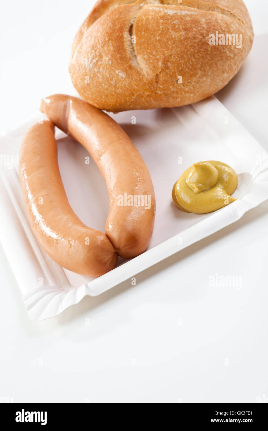 sausages with mustard and bread roll Stock Photo Alamy