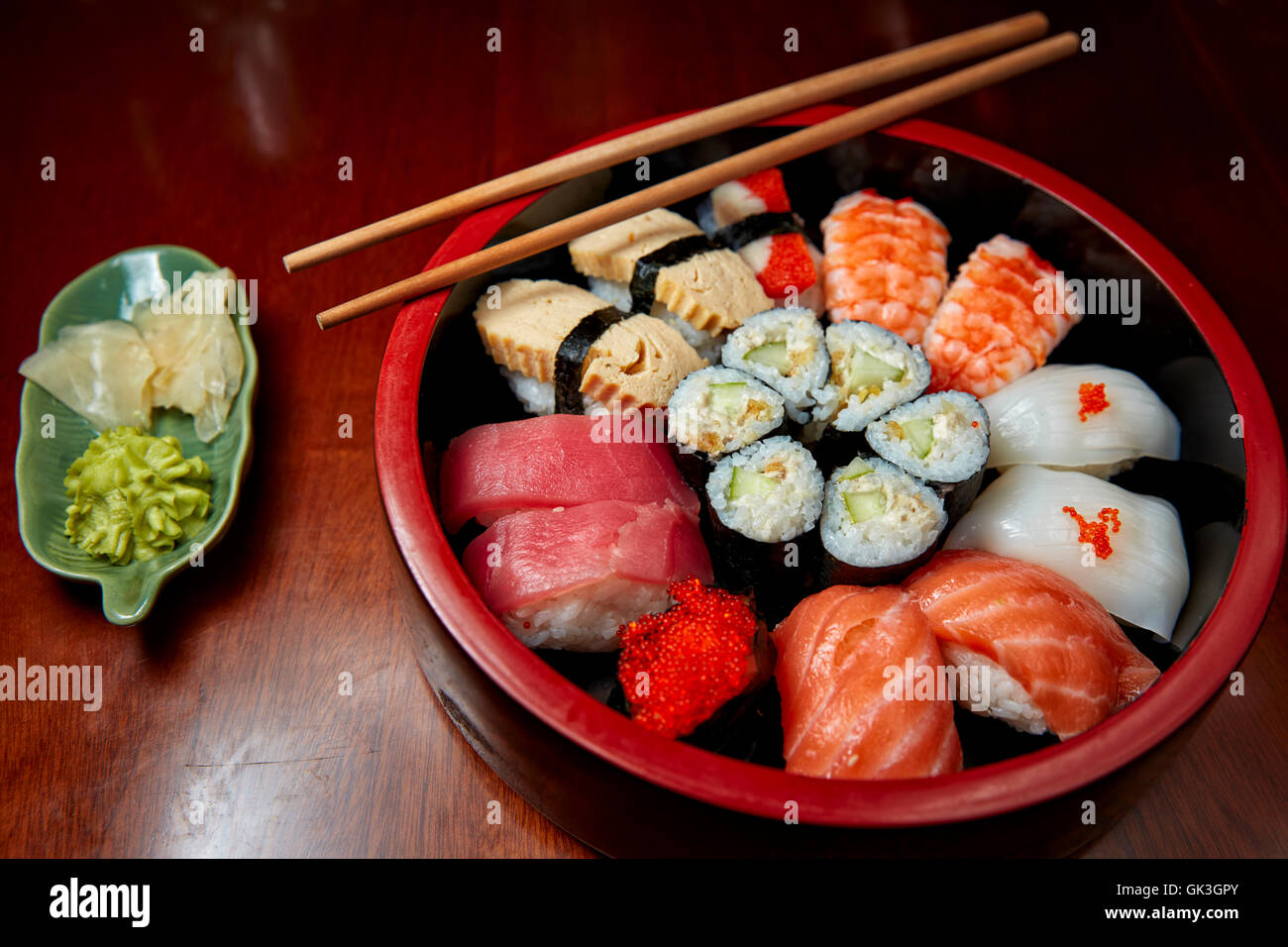 Sushi Moriawase (Mixed Sushi Platter) on a restaurant table. Hue