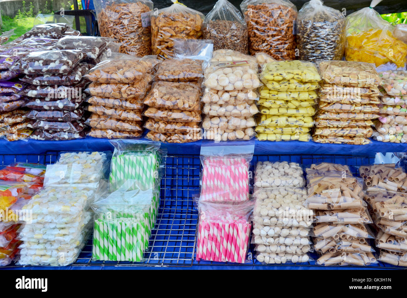 Colorful of candy and snack thai style for sale at local market in