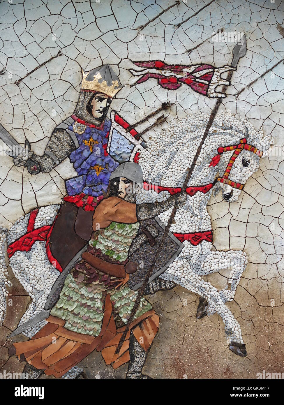 Detail of Stoney Middleton well dressing design 2015 with an Agincourt theme marking the 600th anniversary of the battle. Stock Photo