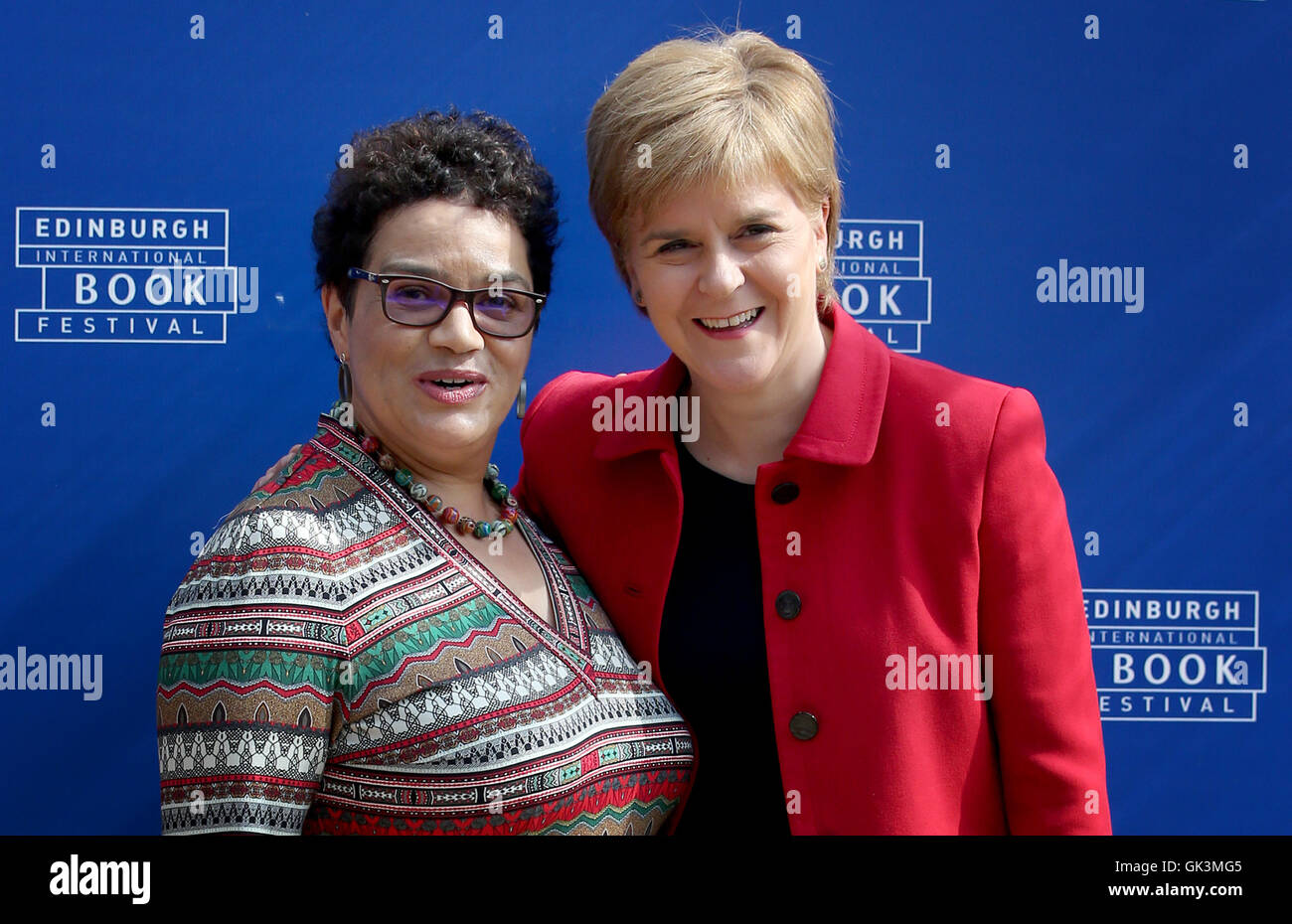 First Minister Nicola Sturgeon with Scotland's Makar, Jackie Kay, (left) before taking part in an event at the Edinburgh International Book Festival where they discussed the poems Kay is producing in her role as Makar and SturgeonÃ•s Reading Challenge. Stock Photo