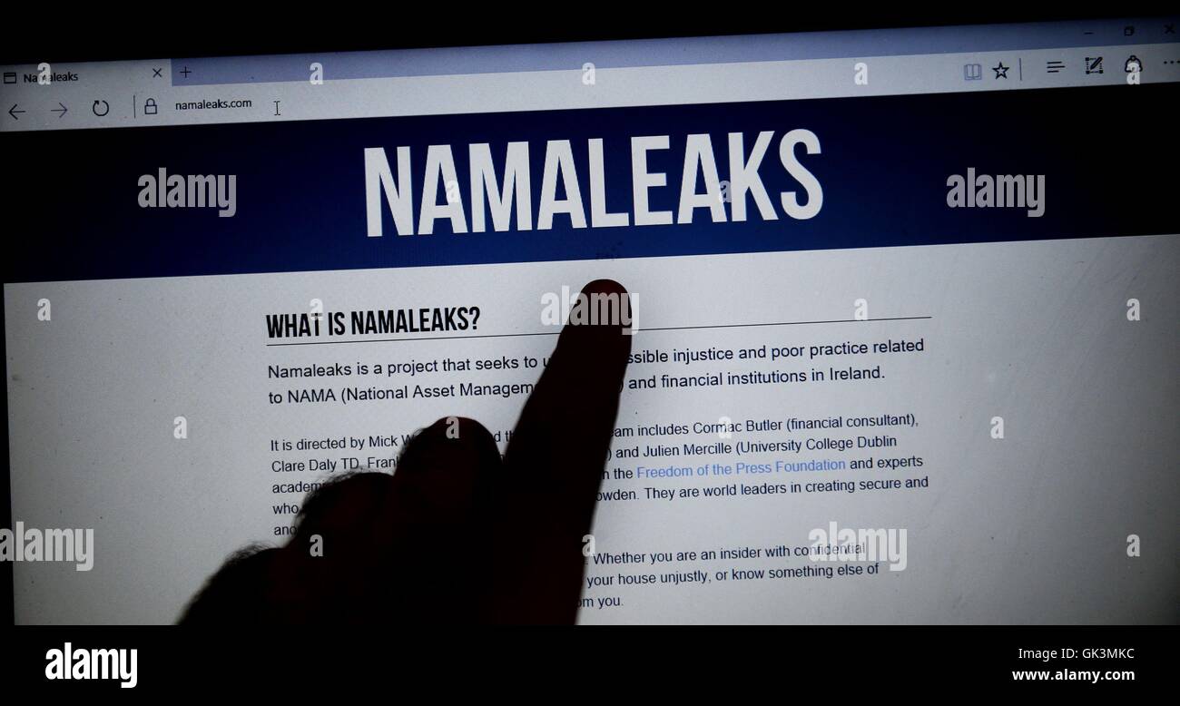 The Namaleaks website being accessed in a coffee shop in Dublin as former Sinn Fein Assembly committee chairman Daithi McKay has resigned following allegations that he communicated with loyalist Jamie Bryson before he gave explosive evidence about the Nama property deal. Stock Photo