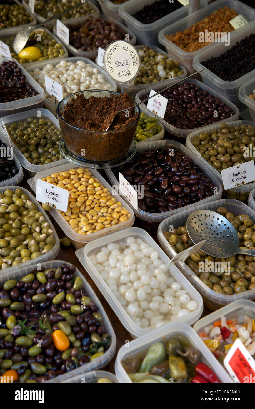 Sarlat-la-Caneda, France, France --- Olives etc. at the Saturday market, Sarlat le Caneda, Perigord Noir, Dordogne, France --- I Stock Photo