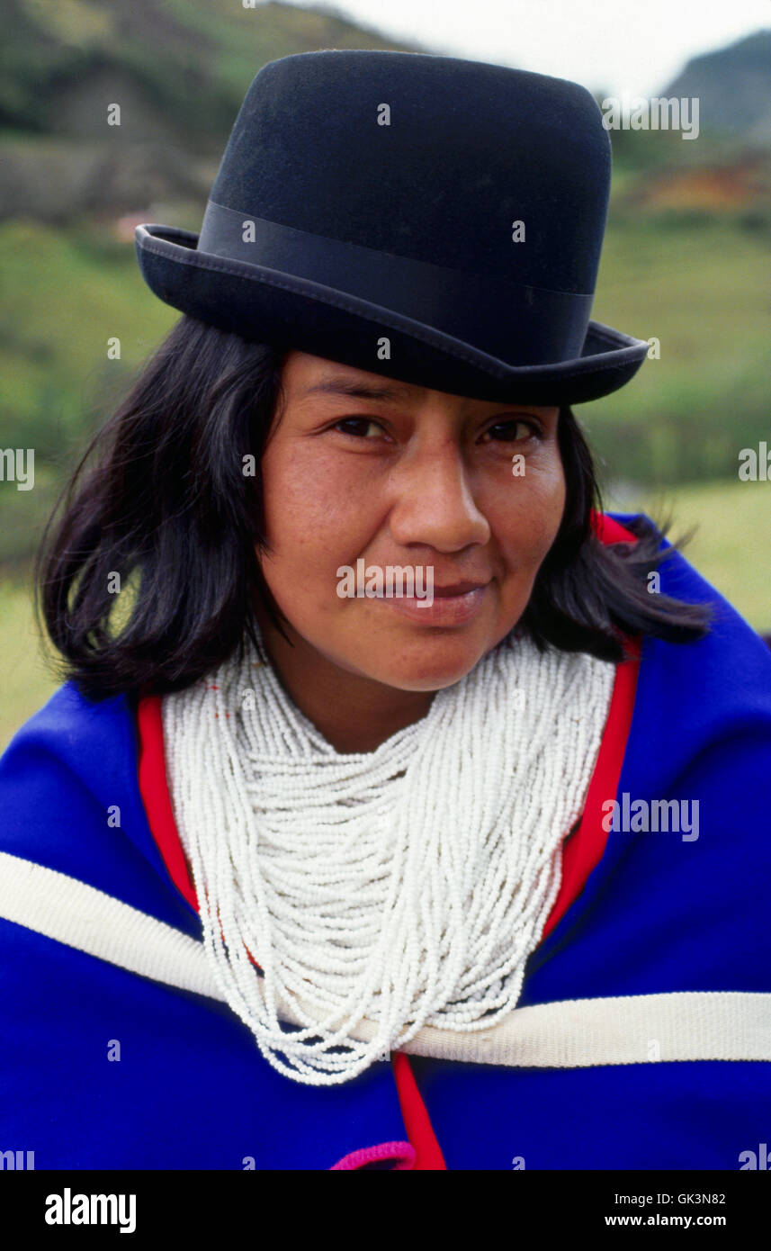 ca. 1980-1995, Colombia --- A traditionally dressed Guambiano Indian woman with a thick beaded necklace. Silvia, Cauca Valley, C Stock Photo